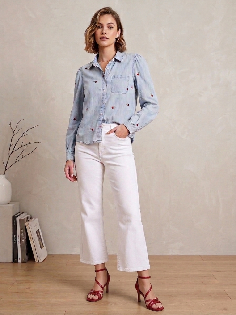 Kensie Jeans Cherry Embroidered Chambray Denim Shirt Large - Picture 2 of 7